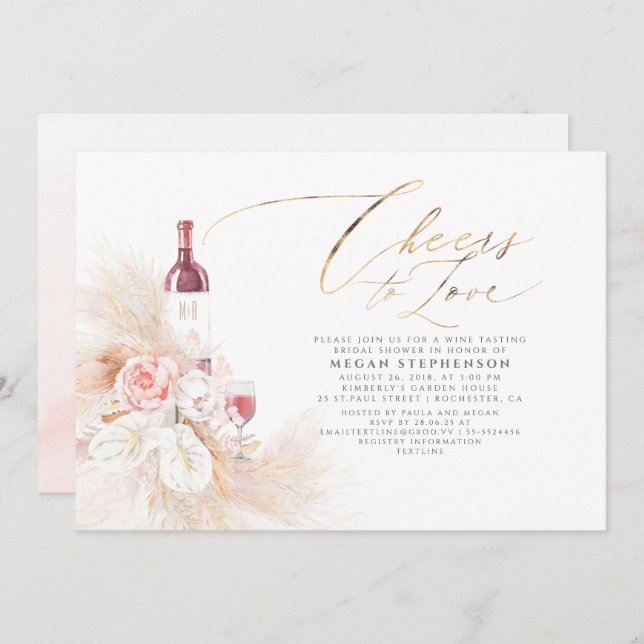 Pampas Grass Wine Tasting Bridal Shower Invitation (Front/Back)