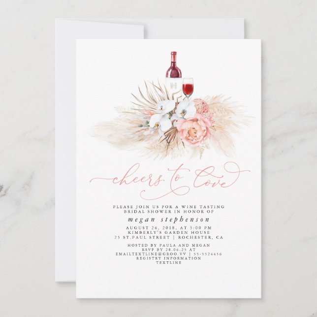 Pampas Grass Wine Tasting Pink Bridal Shower Invitation (Front)