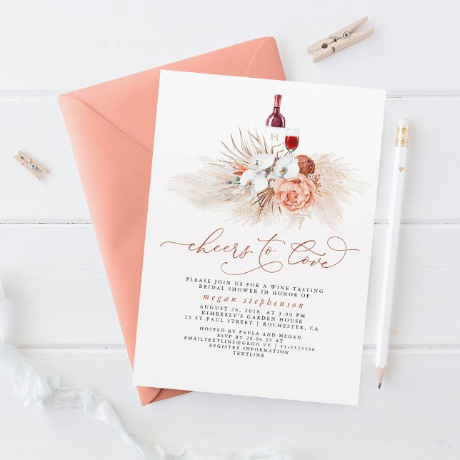 Pampas Grass Wine Tasting Terracotta Bridal Shower Invitation (Creator Uploaded)