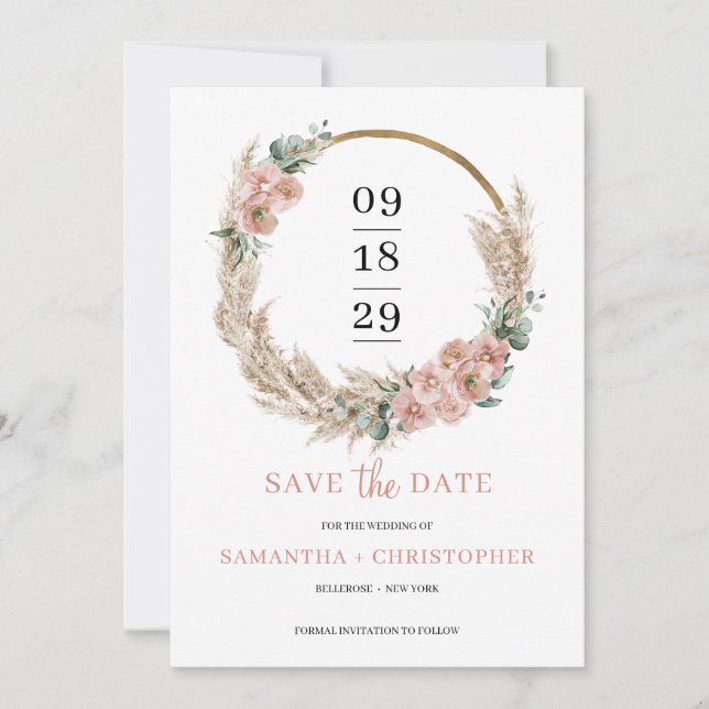Pampas Grass Wreath Blush Rose Orchid Eucalyptus S Save The Date (Front)