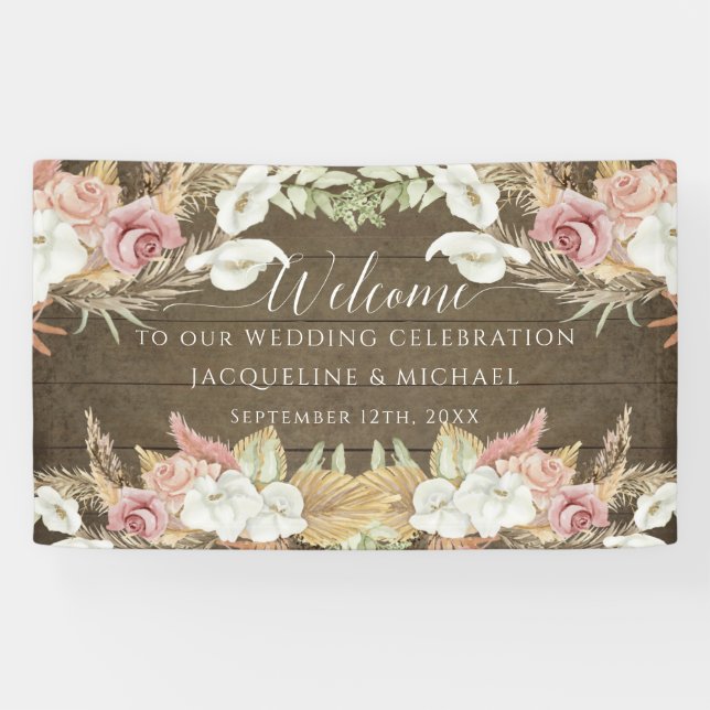 Pampas Greenery Blush Floral Rustic Beach Wedding Banner (Horizontal)