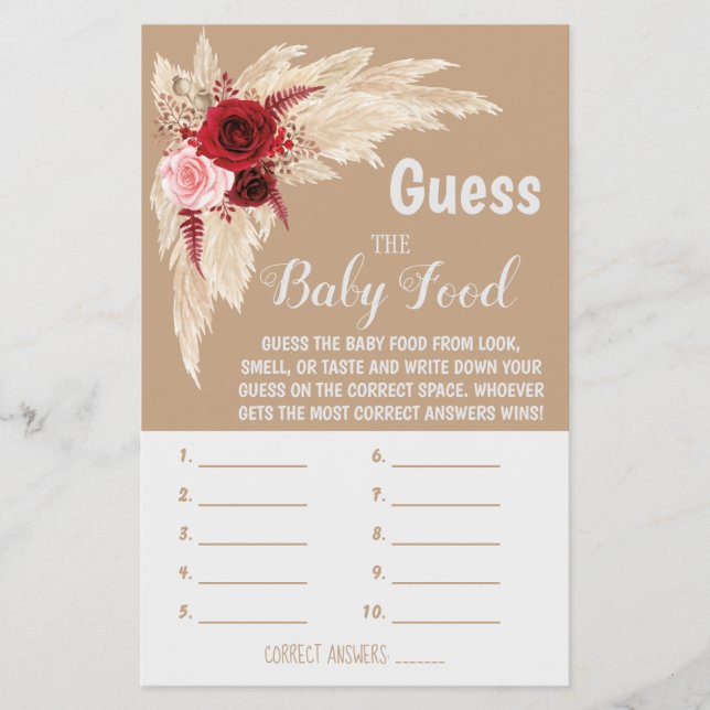 Pampas Guess the Baby Food Baby Shower Game Card  (Front)