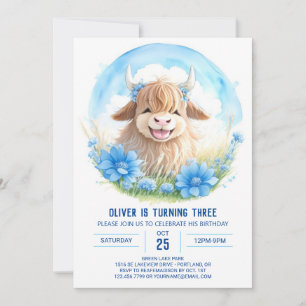 Pampas Highland Cow Wildflower Kids Birthday Invitation