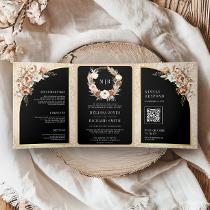 Pampas Neutral Beige Earthy Floral Black Wedding Tri-Fold Invitation