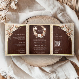 Pampas Neutral Beige Earthy Floral Wood Wedding Tri-Fold Invitation