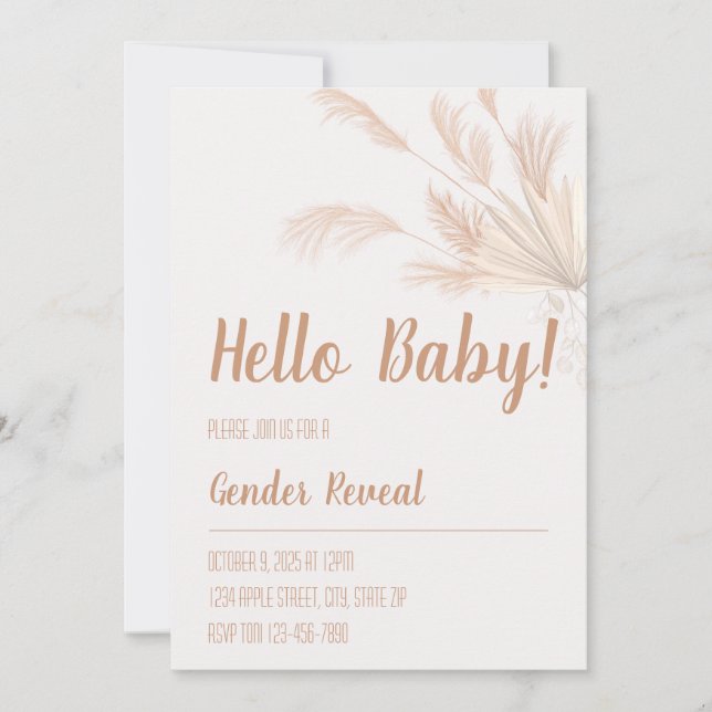 Pampas Neutral Tone Boho Gender Reveal Invitation (Front)