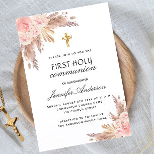 Pampas rose blush first holy communion luxury invitation