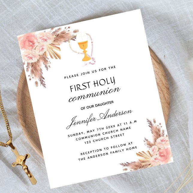 Pampas rose first communion budget invitation flyer (Creator Uploaded)