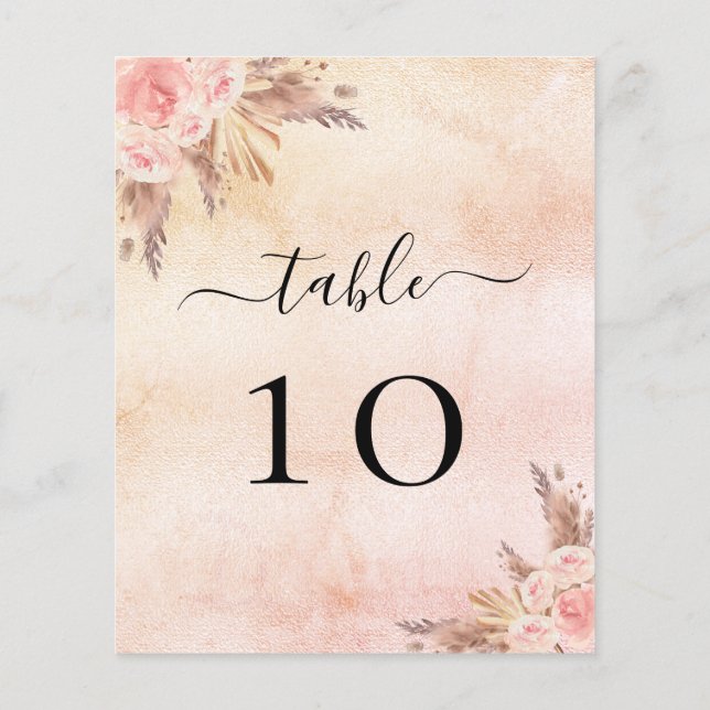 Pampas rose floral wedding program table number (Back)