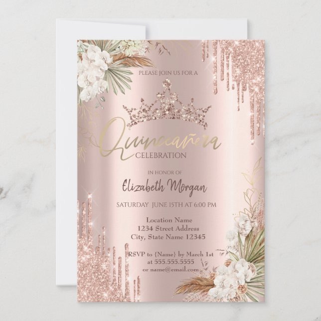 Pampas Rose Gold Glitter Crown Drop Quinceañera  Invitation (Front)
