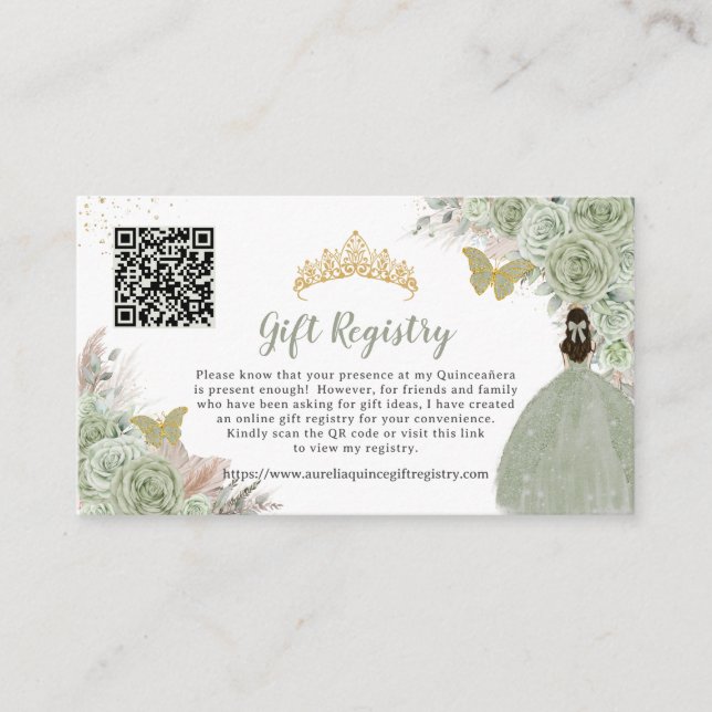 Pampas Sage Green Floral Quinceañera Gift Registry Enclosure Card (Front)