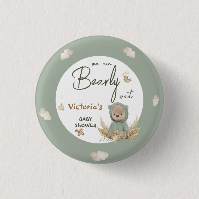 Pampas Teddy Bear Green Baby Shower Favour  3 Cm Round Badge (Front)