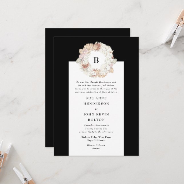 Pampas Wreath Black White Monogram Wedding Invitation (Front/Back In Situ)