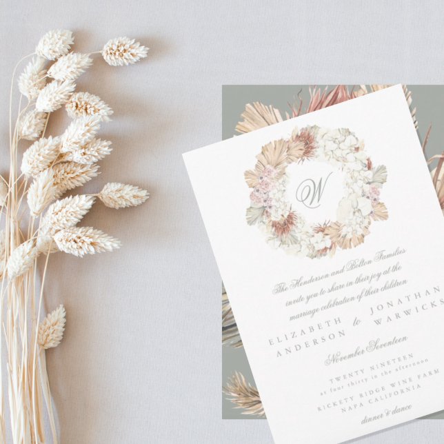 Pampas Wreath Moss Sage Green Monogram Elegant Invitation (Creator Uploaded)