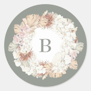 Pampas Wreath Moss Sage Green Monogram Simple Classic Round Sticker