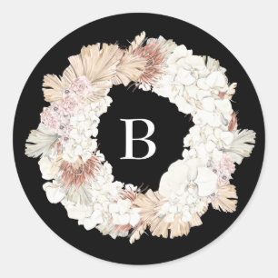 Pampas Wreath Pure Black Premium Elegant Monogram  Classic Round Sticker