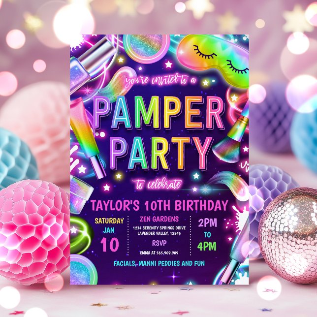Pamper Party Glow Neon Spa Makeup Birthday Party Invitation (Creator Uploaded)