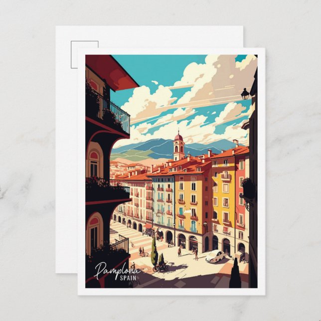 Pamplona Spain Art Vintage Travel Illustration Postcard (Front/Back)