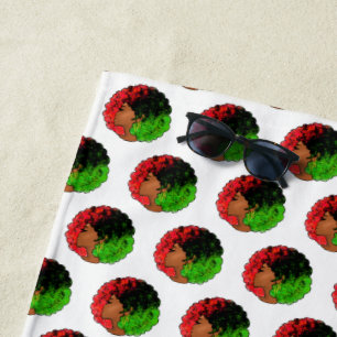 Pan African black girl woman red green pride afro  Beach Towel