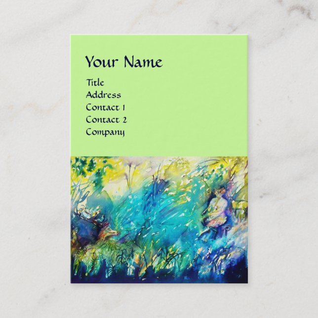 PAN PLAYING FLUTE AND DEER IN GREEN WOODLAND BUSINESS CARD (Front)