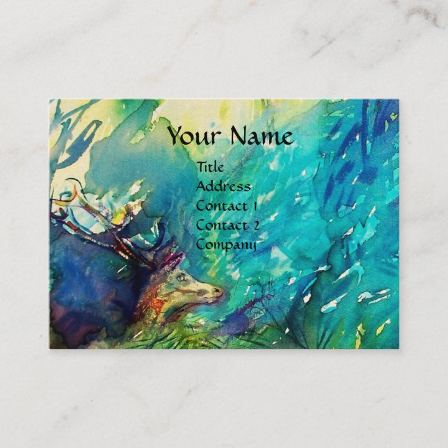 PAN PLAYING FLUTE AND DEER IN GREEN WOODLAND BUSINESS CARD (Front)