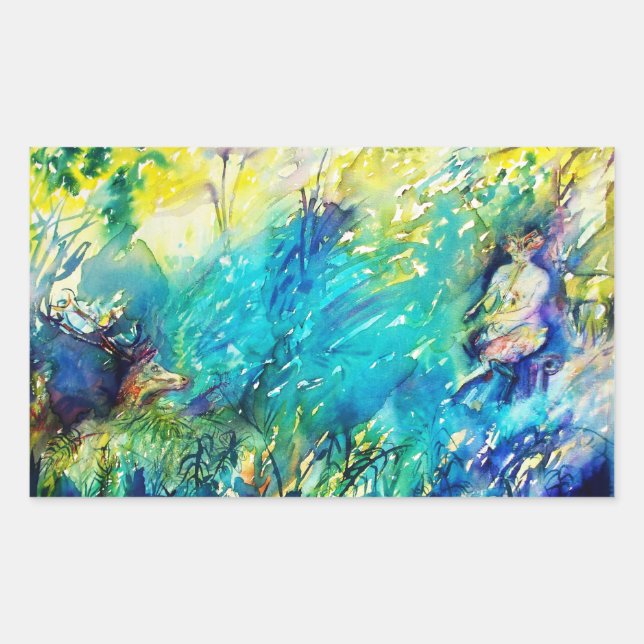 PAN PLAYING FLUTE AND DEER IN GREEN WOODLAND RECTANGULAR STICKER (Front)