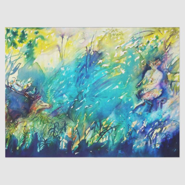 PAN PLAYING FLUTE AND DEER IN GREEN WOODLAND  TISSUE PAPER (Front)