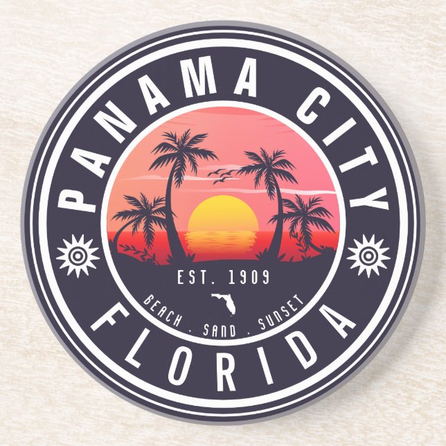 Panama City Beach Florida Retro Sunset Palm Tree Coaster (Front)