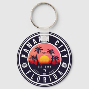 Panama City Beach Florida Retro Sunset Palm Tree Key Ring