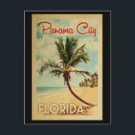 Panama City Palm Tree Vintage Travel Postcard<br><div class="desc">A uniquely retro mid-century modern Panama City Florida art print in vintage travel poster style. It features a curved palm tree on sandy beach with ocean under a blue cloudy sky.</div>