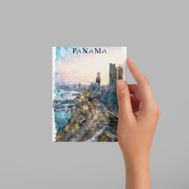 Panama City Watercolor Skyline  Postcard (panama city watercolor postca)