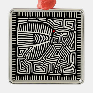 Panama Kuna Indian Mola Pajaro - Black White Metal Ornament