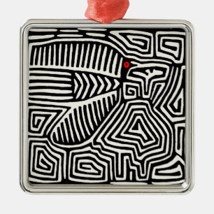 Panama Kuna Indian Mola Pajaro - Black White Metal Ornament