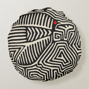Panama Kuna Indian Mola Pajaro - Black White Round Cushion