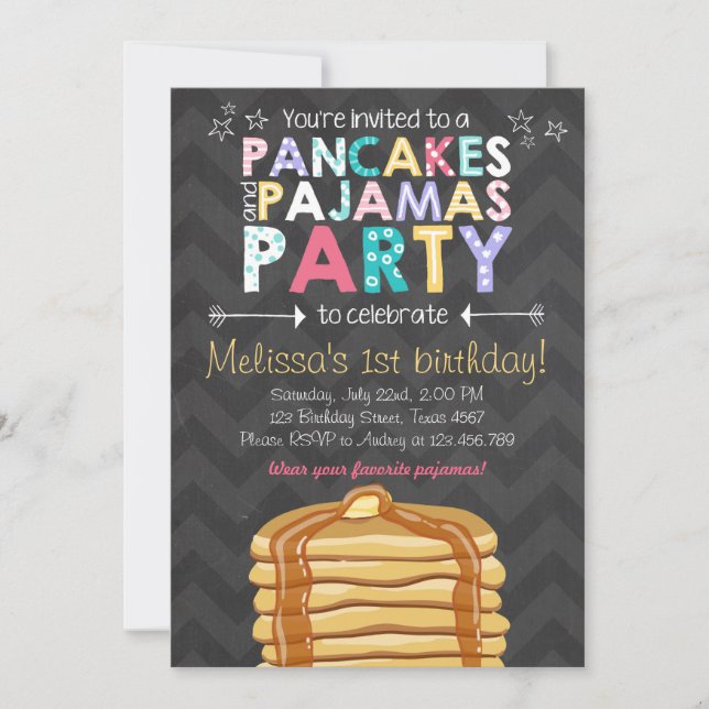 Pancake and Pyjamas birthday invitation (Front)