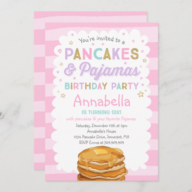 Pancake And Pyjamas Birthday Invitation PJ's Party (Front/Back)