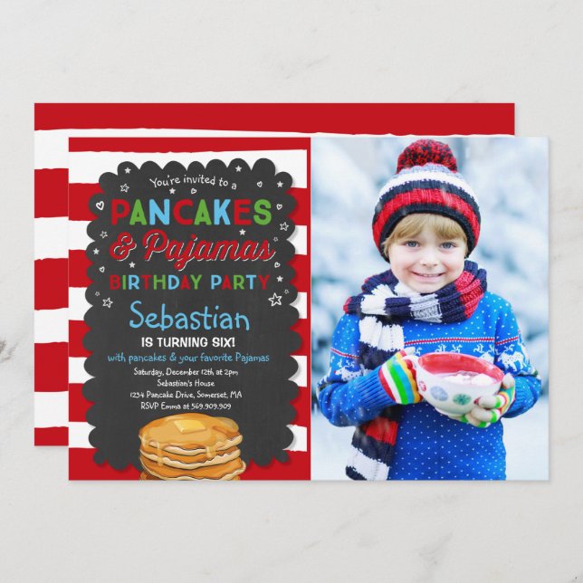 Pancake And Pyjamas Birthday Invitation PJ's Party (Front/Back)