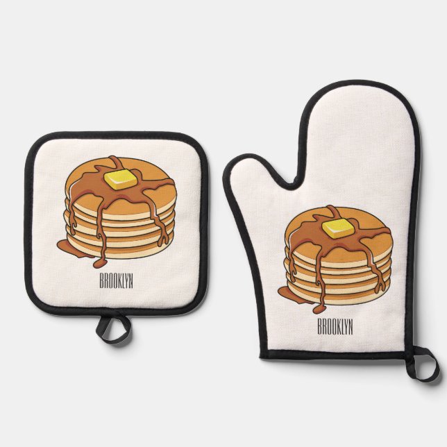 Pancake cartoon illustration  oven mitt & pot holder set (Front)