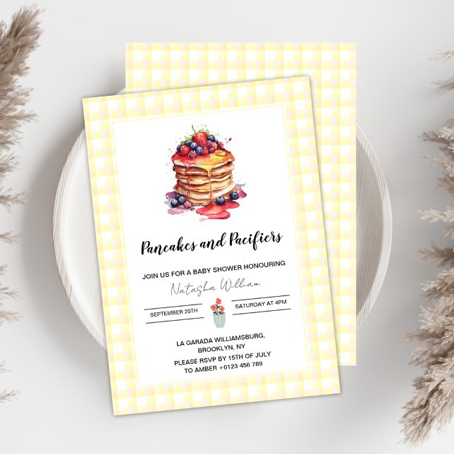 Pancakes and Pacifiers Gingham Plaid Baby Shower Invitation (Creator Uploaded)