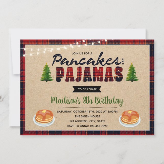 Pancakes and pyjamas birthday invitation (Front)