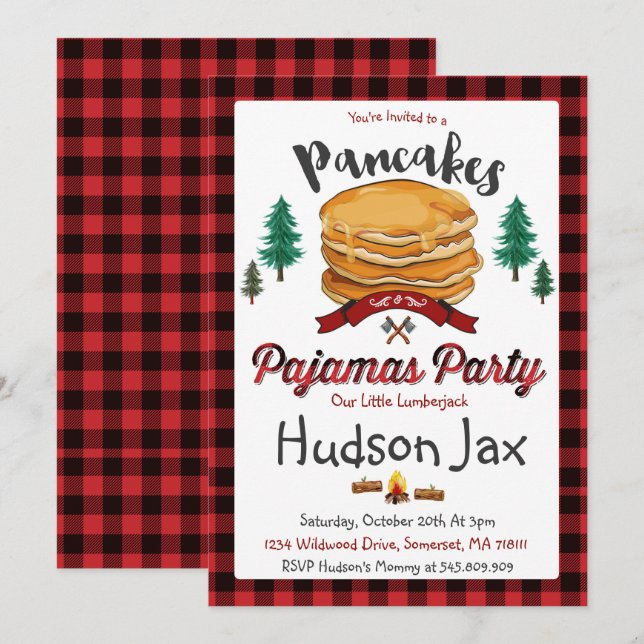 Pancakes And Pyjamas Birthday Invitation Plaid (Front/Back)