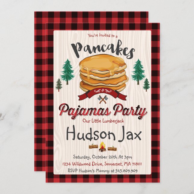 Pancakes And Pyjamas Birthday Invitation Plaid (Front/Back)