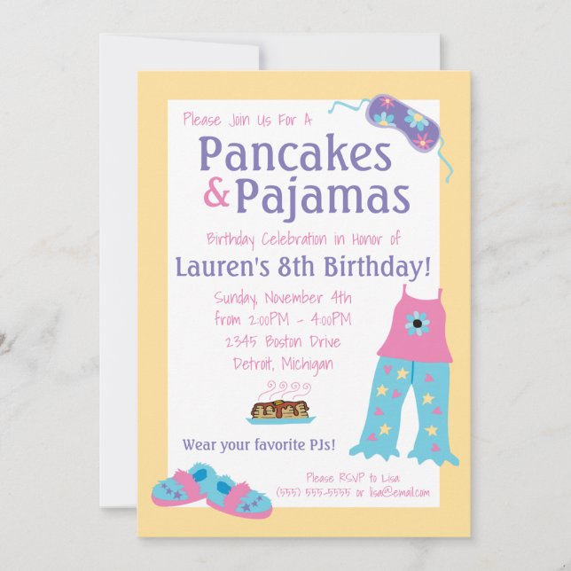 Pancakes and Pyjamas Birthday Party Invitation (Front)