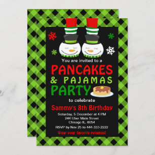 Pancakes and Pyjamas Birthday Snowman Green Plaid  Invitation