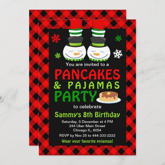 Pancakes and Pyjamas Birthday Snowman Red Plaid In Invitation (Front/Back)