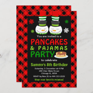 Pancakes and Pyjamas Birthday Snowman Red Plaid In Invitation