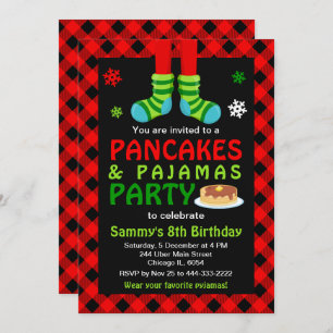 Pancakes and Pyjamas Birthday Socks Red Plaid Invi Invitation