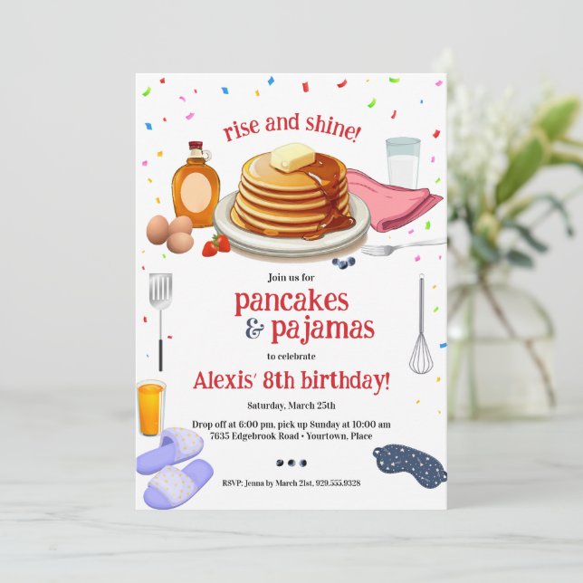 Pancakes and Pyjamas Breakfast Party Invitation (Standing Front)