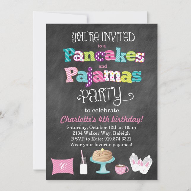 Pancakes and Pyjamas Chalkboard Style Invitation (Front)