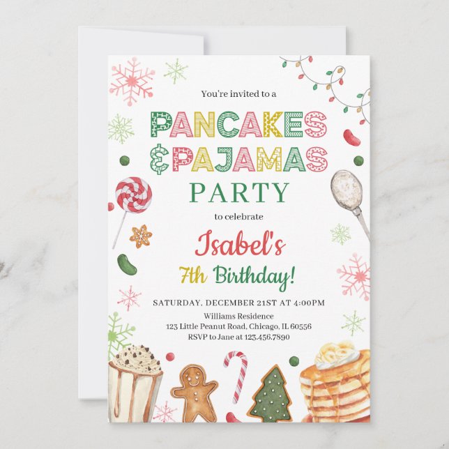 Pancakes and Pyjamas Christmas Birthday Invitation (Front)